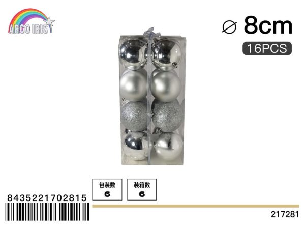 Bola colgante de 8 cm en plata, set de 16 piezas en tonos mixtos