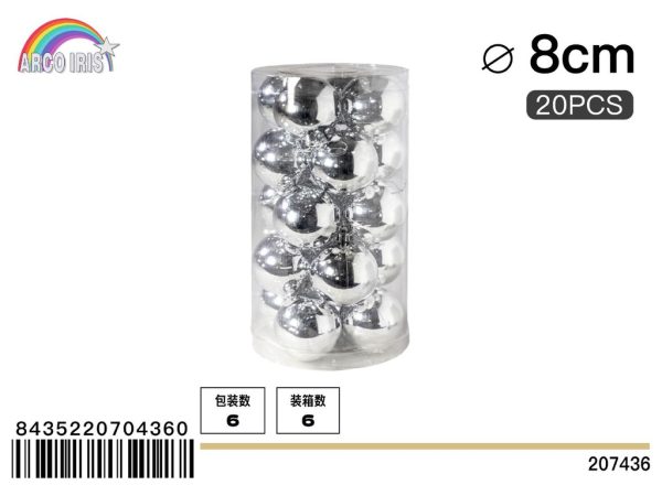 Bola colgante de 8 cm en plata, set de 20 piezas