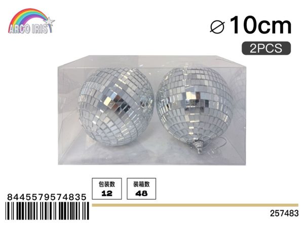 Bola de espejo plateada de 10 cm, set de 2 piezas en caja de PVC