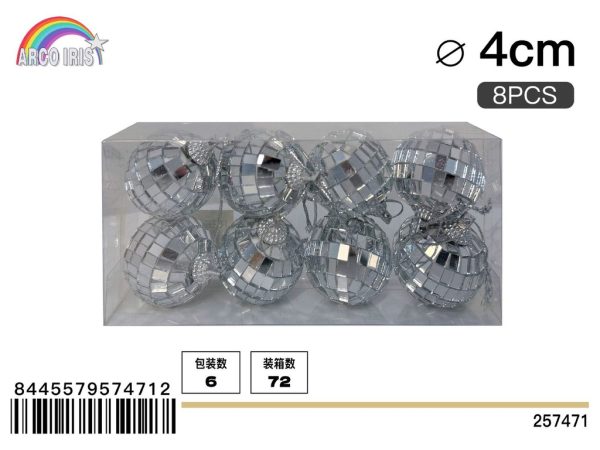 Bola de espejo plateada de 4 cm, set de 8 piezas en caja de PVC
