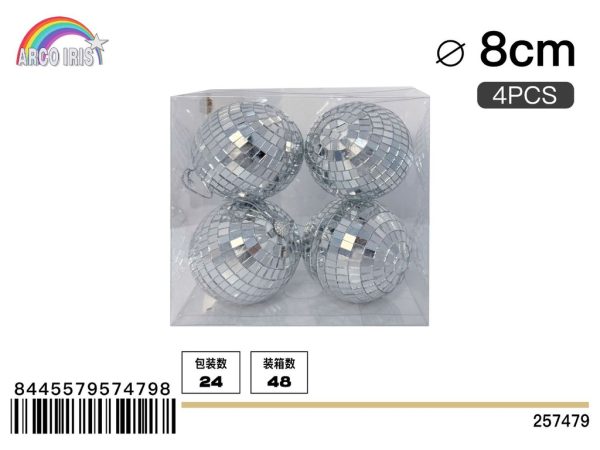 Bola de espejo plateada de 8 cm, set de 4 piezas en caja de PVC