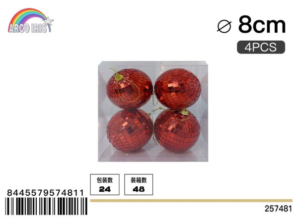 Bola de espejo roja de 8 cm, set de 4 piezas en caja de PVC