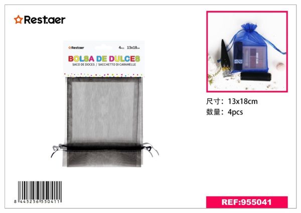 Bolsita de malla 4 piezas 13*18 cm negra - Materiales para regalos