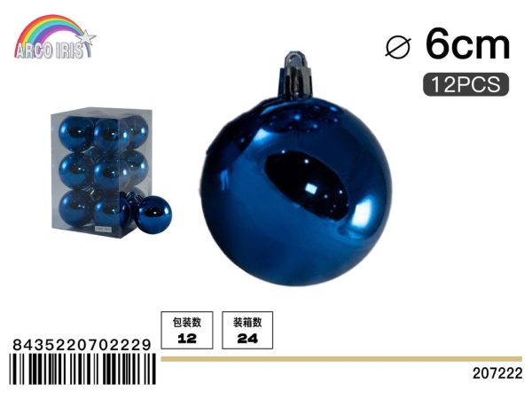 Colgante de bolas brillantes de 6 cm color azul - Set de 12 piezas para decoración navideña