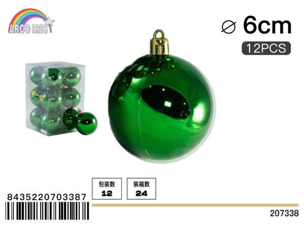Colgante de bolas brillantes de 6 cm color verde - Set de 12 piezas para decoración navideña