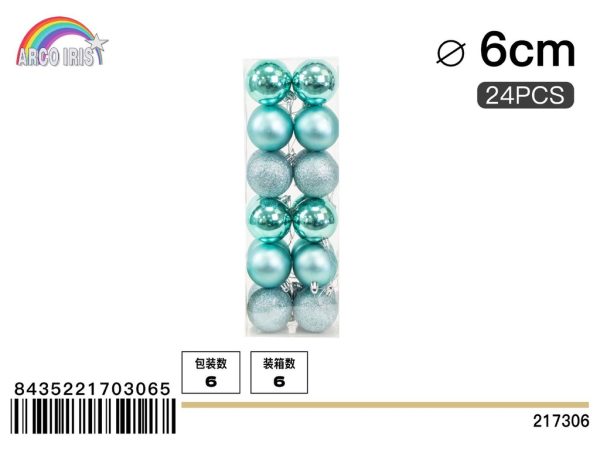 Colgante de bolas mixtas de 6 cm color agua profundo - Set de 24 piezas para decoración navideña