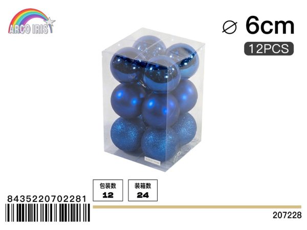 Colgante de bolas mixtas de 6 cm color azul - Set de 12 piezas para decoración navideña