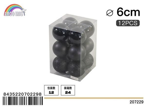 Colgante de bolas mixtas de 6 cm color negro - Set de 12 piezas para decoración navideña