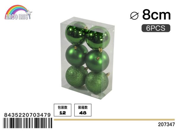 Colgante de bolas mixtas de 8 cm color verde - Set de 6 piezas para decoración navideña