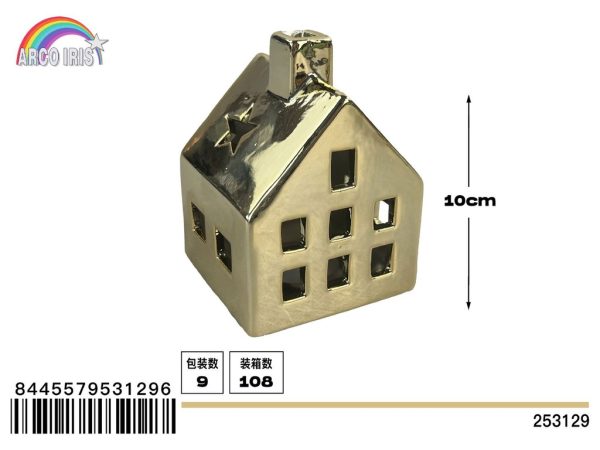 Figura porcela casa dorada LED - Adornos navideños y decoraciones luminosas