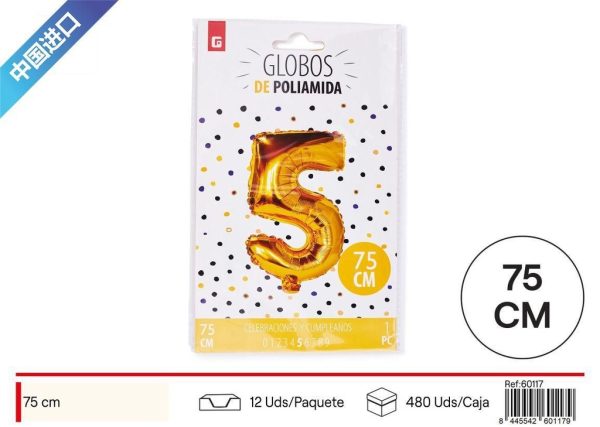 GLOBO DORADO NÚMERO 5 75 cm - Artículos de fiesta