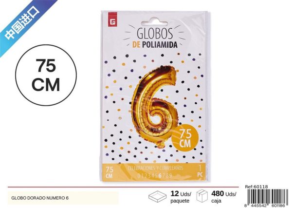 GLOBO DORADO NÚMERO 6 75 cm - Artículos de fiesta