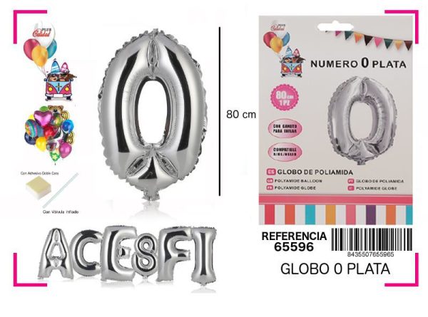 GLOBO MYLAR NÚMERO 0 PLATA 80CM - Decoraciones de fiesta