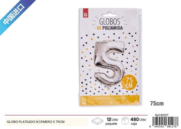 GLOBO PLATEADO NÚMERO 5 75 cm - Artículos de fiesta