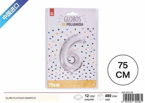 GLOBO PLATEADO NÚMERO 6 75 cm - Artículos de fiesta