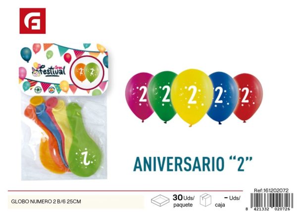 GLOBO número 2 B/6 25 cm - Artículos de fiesta y globos