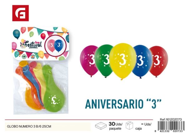 GLOBO número 3 B/6 25 cm - Artículos de fiesta y globos