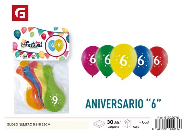 GLOBO número 6 B/6 25 cm - Artículos de fiesta y globos
