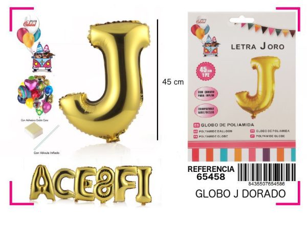 Globo mylar letra J color oro 45 cm para fiestas y decoraciones