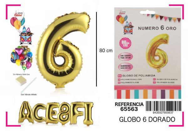 Globo mylar número 6 oro 80cm para fiestas y decoraciones