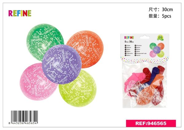 Globos "Feliz Cumpleaños" 5pcs multicolor 30cm para fiestas