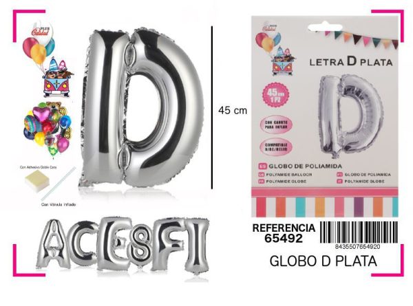Gorgorito Mylar Letra D color plata 45 cm - Decoración de fiesta