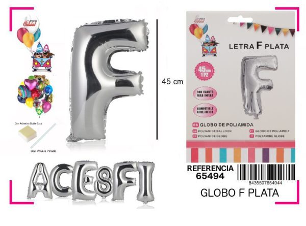 Gorgorito Mylar Letra F color plata 45 cm - Decoración de fiesta
