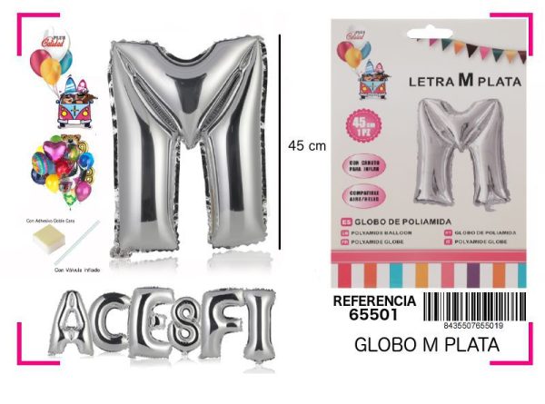 Gorgorito Mylar Letra M color plata 45 cm - Decoración de fiesta