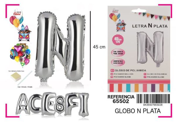 Gorgorito Mylar Letra N color plata 45 cm - Decoración de fiesta