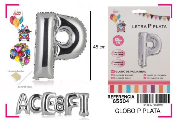 Gorgorito Mylar Letra P color plata 45 cm - Decoración de fiesta