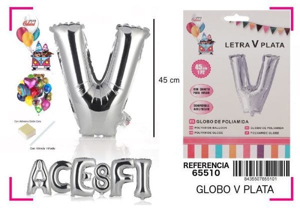 Gorgorito Mylar Letra V color plata 45 cm - Decoración de fiesta