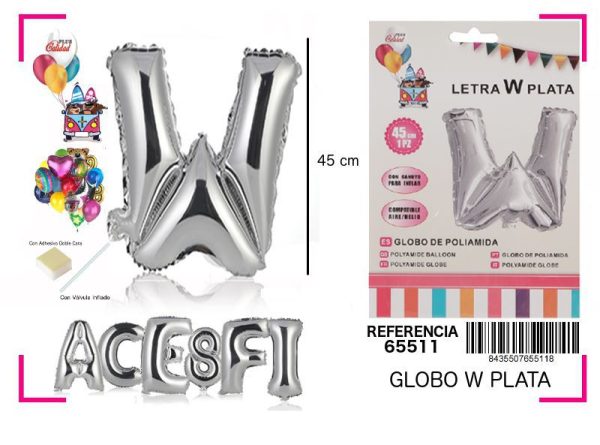 Gorgorito Mylar Letra W color plata 45 cm - Decoración de fiesta