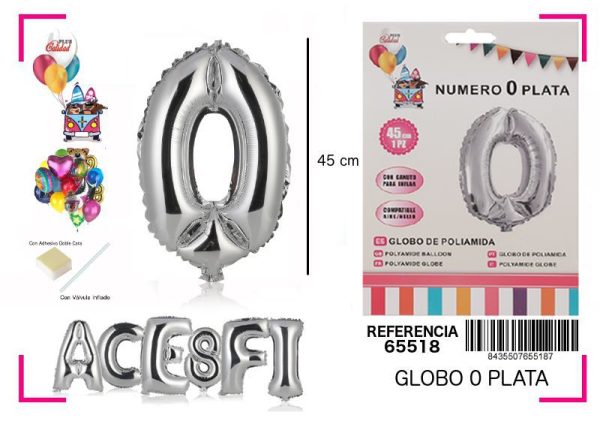 Gorgorito Mylar Número 0 color plata 45 cm - Decoración de fiesta