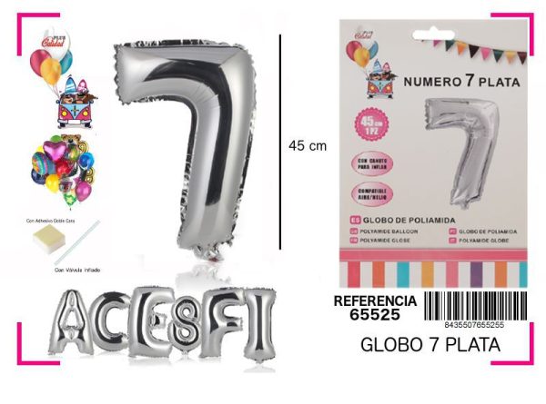 Gorgorito Mylar Número 7 color plata 45 cm - Decoración de fiesta