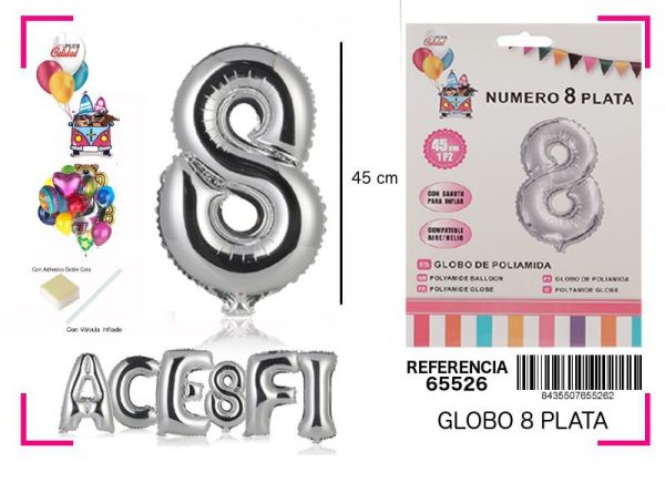 Gorgorito Mylar Número 8 color plata 45 cm - Decoración de fiesta