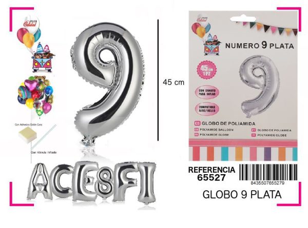 Gorgorito Mylar Número 9 color plata 45 cm - Decoración de fiesta