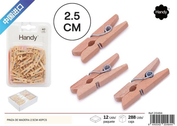Pinza de madera color natural 2.5cm 40pcs - Material de oficina