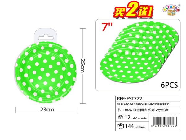 Plato de cartón S7 puntos verdes 7" (set de 6) - Artículos de fiesta