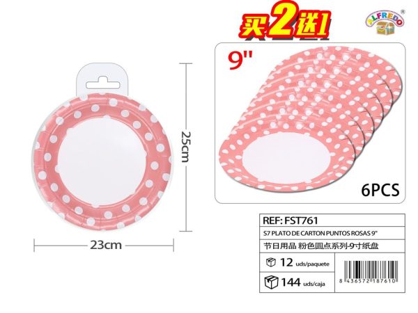 Plato de cartón puntos rosas 9" (set de 6) - Artículos de fiesta