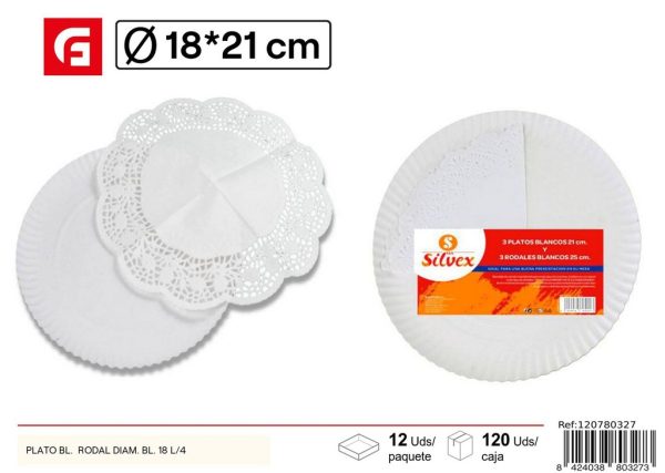 Plato de papel blanco 18x21cm con rodal - Artículos desechables