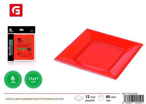 Plato llano cuadrado rojo 17x17 cm (6 unidades) - Platos reutilizables